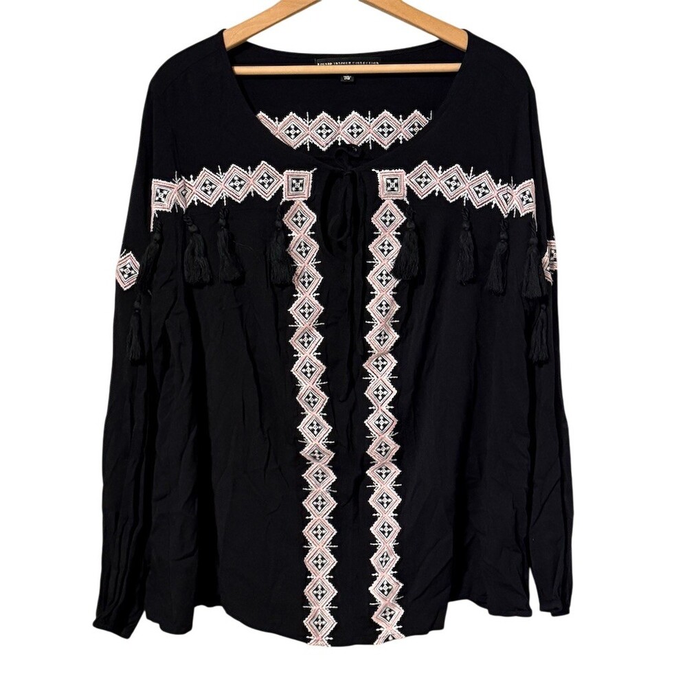 Torrid Blouse Womens Plus Size 2 Black Boho Geometric Embroidered Tunic